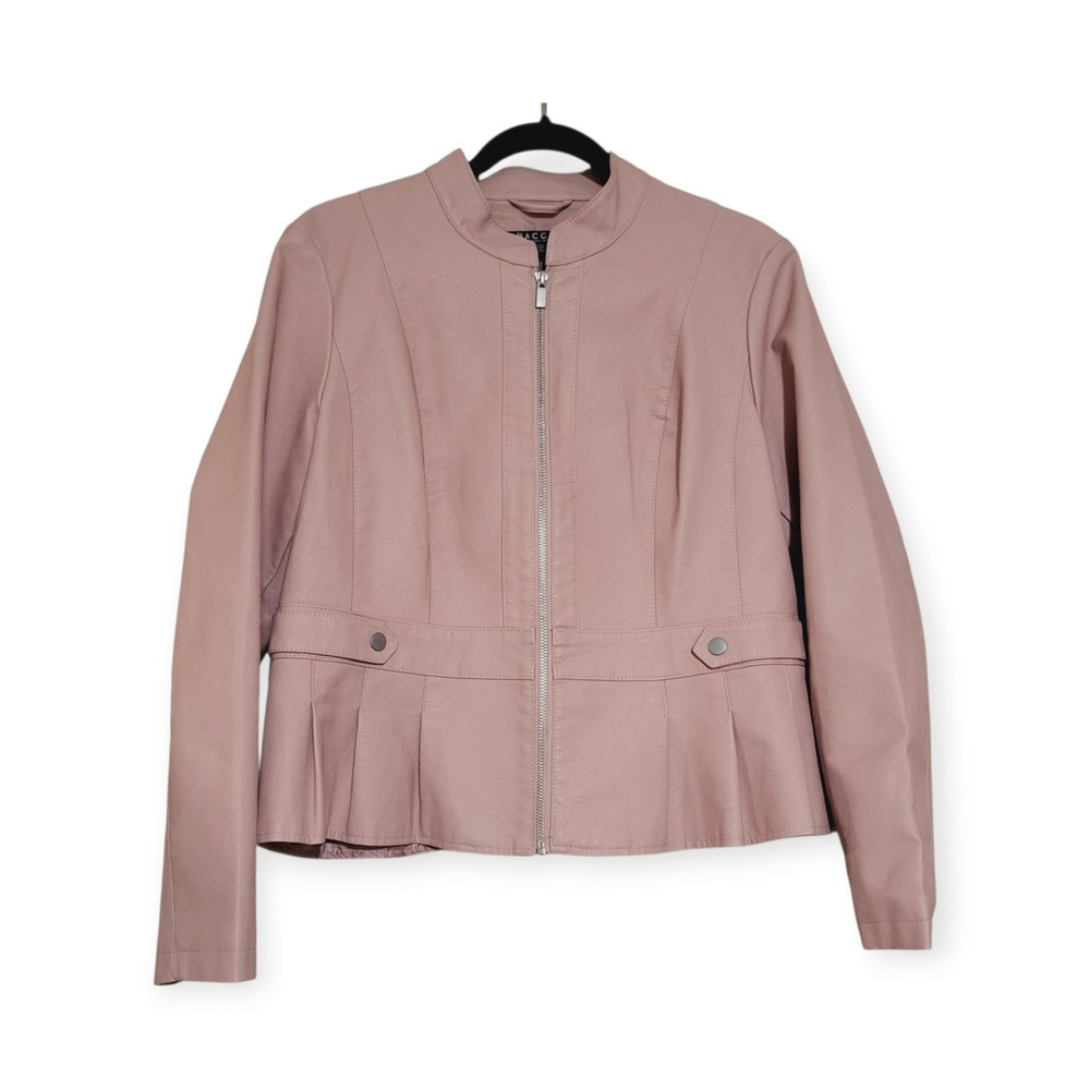Baccini Womens PXL NWOT Peplum Faux Leather Moto Jacket Blush Pink Coquette Chic